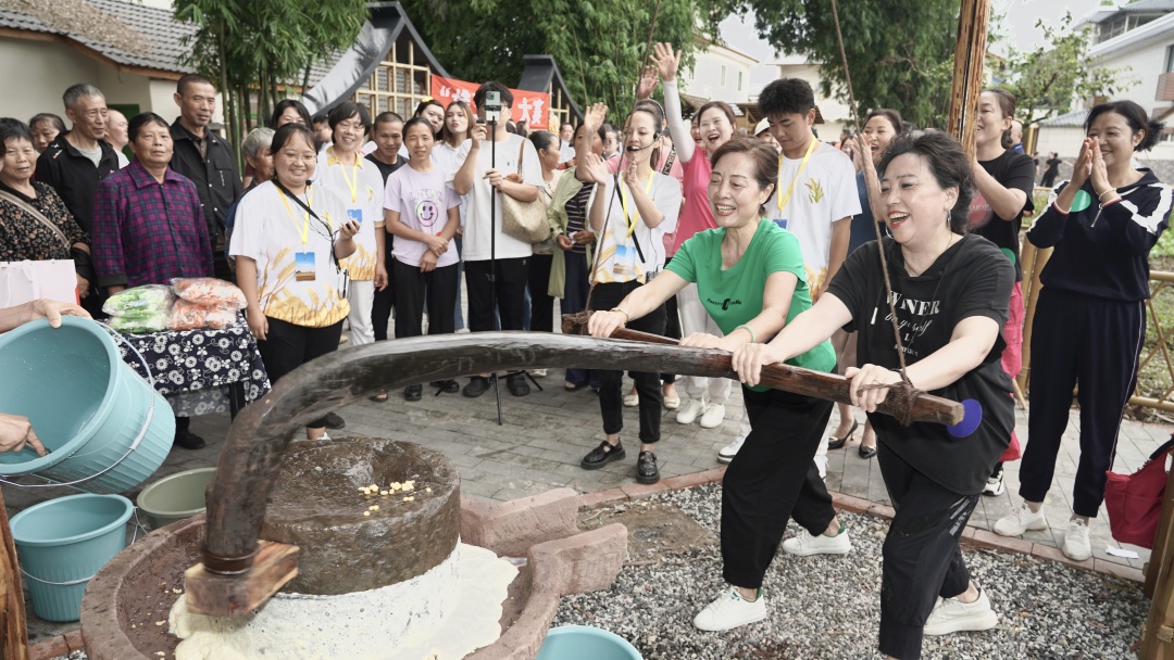 9月22日，在2023年青神县中国农民丰收节上，游客体验推石磨等农事活动。.jpeg