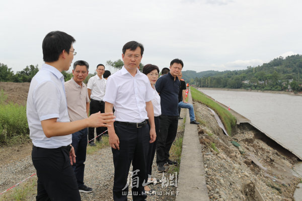 8月19日，在府河彭山江口段，胡元坤听取堤防水毁点应急抢险情况。眉山在线记者 雷同 摄