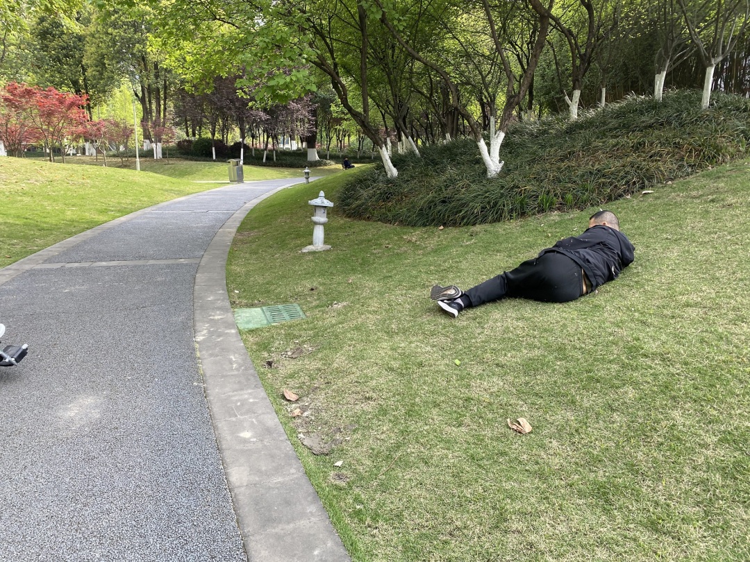 游客躺在草坪上玩手机，看起来十分不雅。.jpg